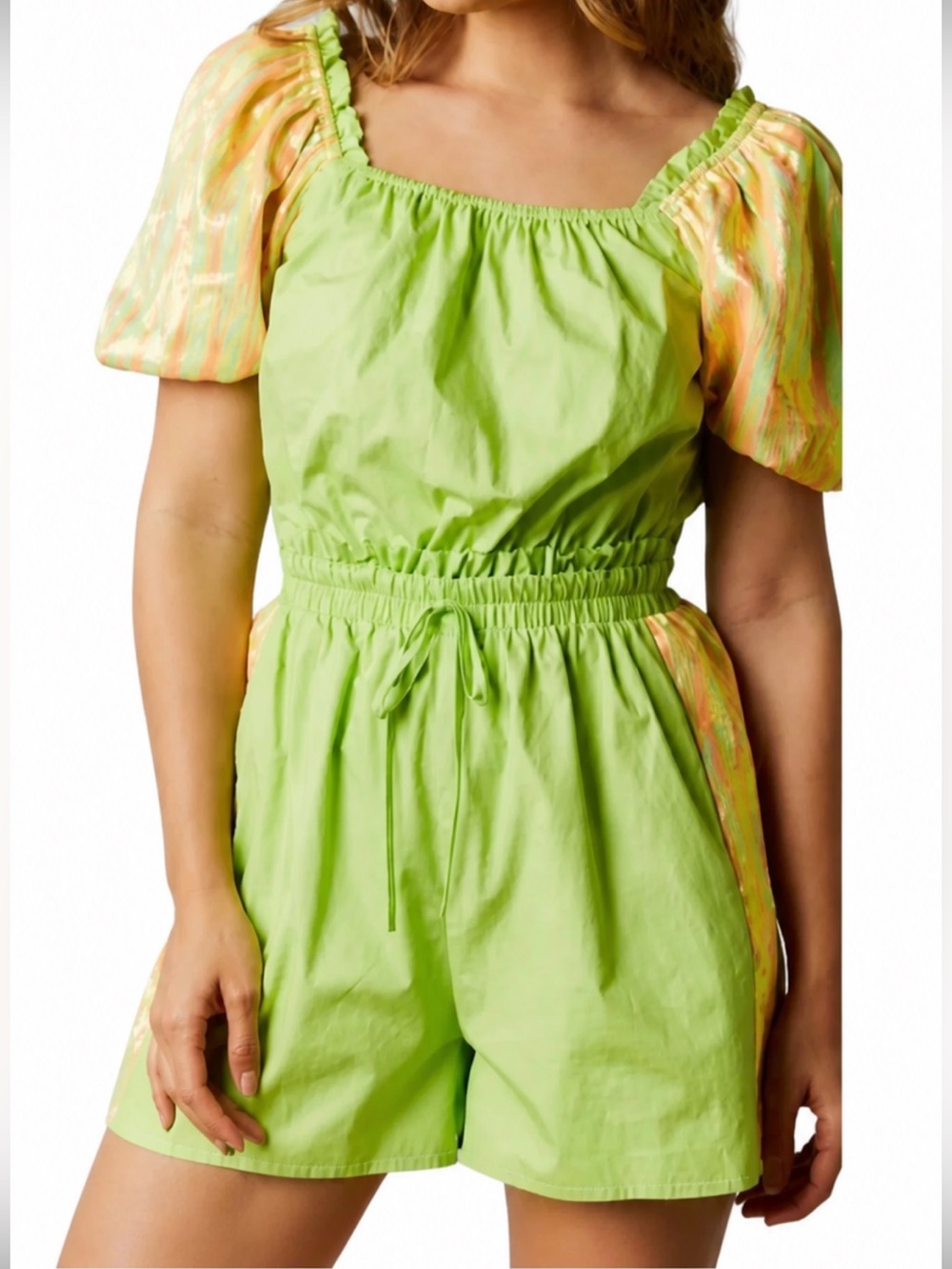 Fantastic Fawn Cotton Sequin Embellished Elastic Waist Puff Short Sleeve romper